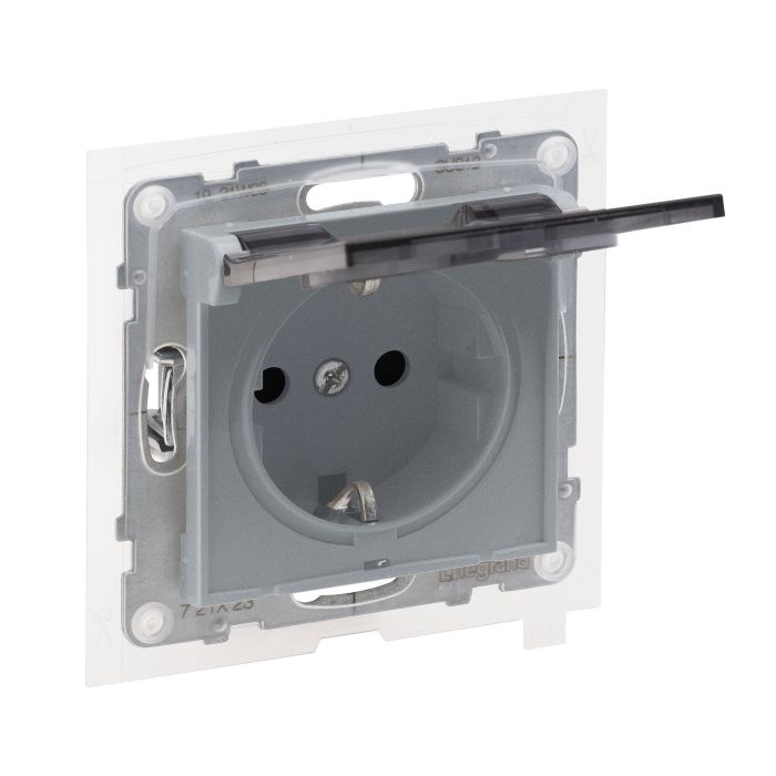 Розетка IP44 із з/к та кришкою і захист. шторками (пруж.клеми) 16А/250V Legrand SUNO 721323 алюміній