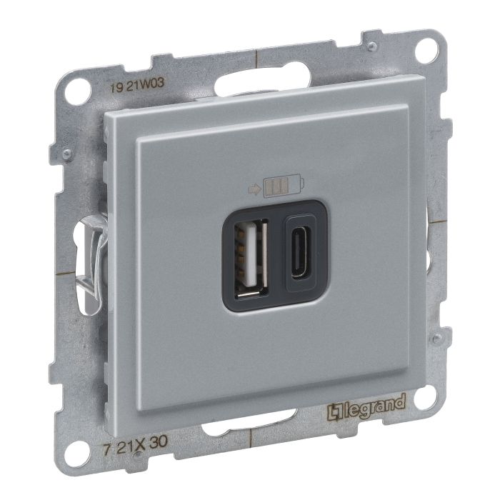 Розетка для заряджання USB А+C 12Вт+15Вт/5V Legrand SUNO 721330 алюміній