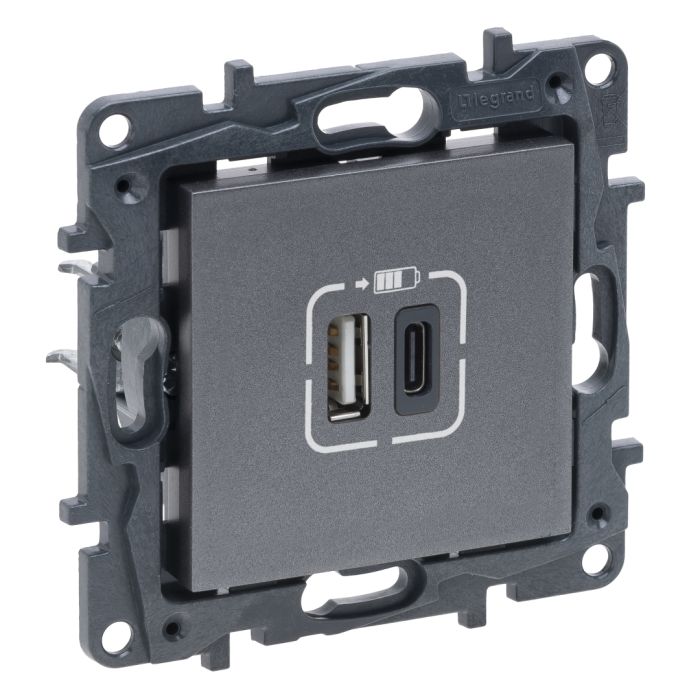 Розетка USB Тип А+C 12Вт+15Вт 5 В Legrand 863440 NILOE STEP Сталь