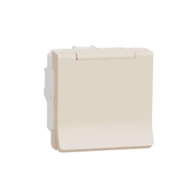 Розетка з заземленням зі шторками, с крышкой, 16 А, 250 В, IP40, Unica New NU303744TA бежевий